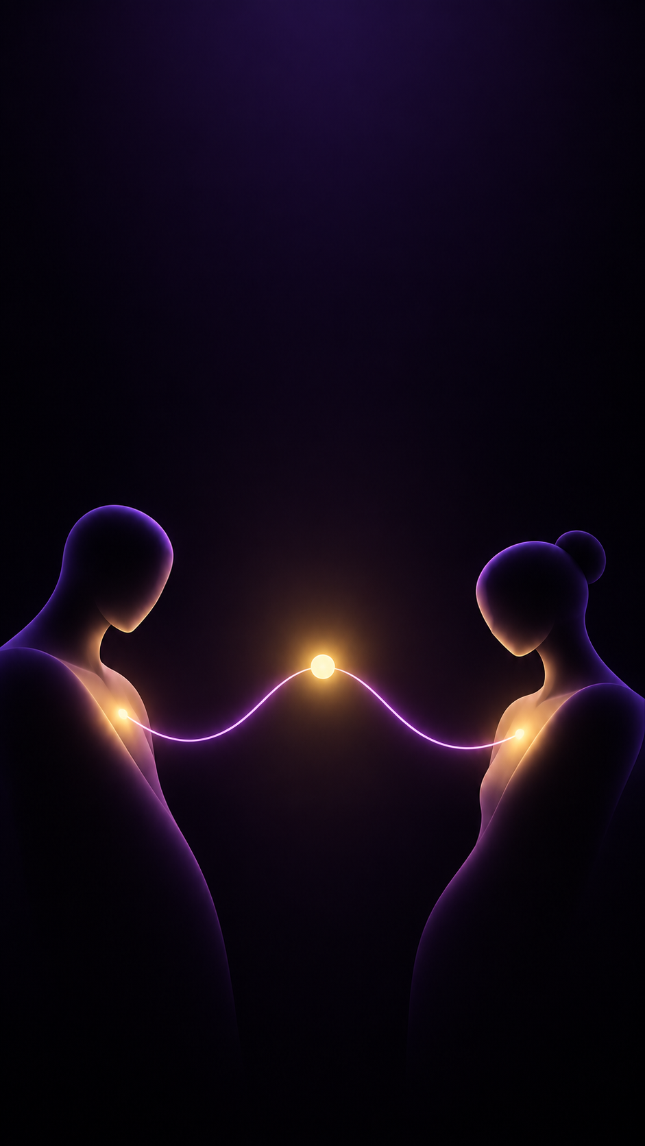 Two silhouetted people with a glowing thread of light connecting their hearts